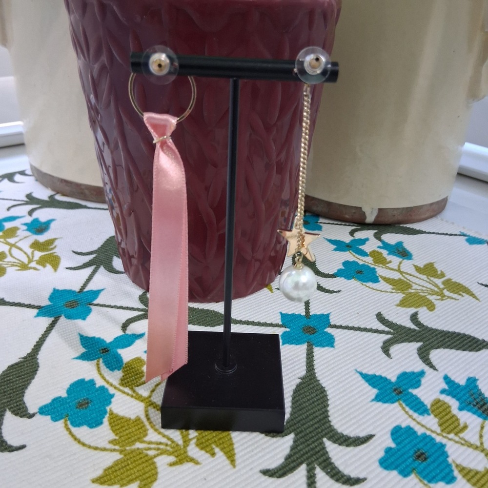 Star Pearl Rhinestone Pink Ribbon Chain Dangle Boho Earrings - Picture 4 of 7